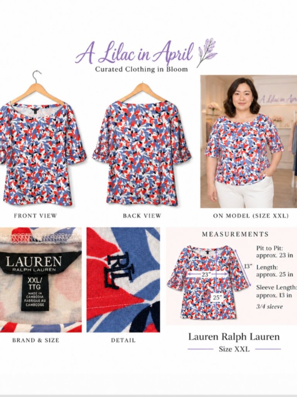 Lauren Ralph Lauren Size XXL Blue Red & White Abstract Floral Print Half Sleeve